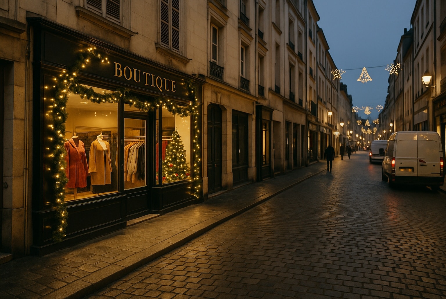 Boutique indépendante décorée pour Noël dans une rue quasi déserte, illustrant la baisse de fréquentation avant les fêtes