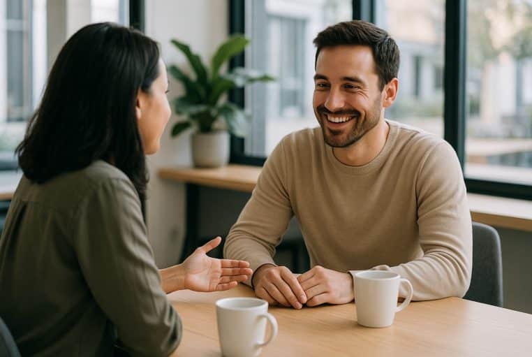 Un homme souriant écoute attentivement une femme dans un café lumineux, assis face à face autour d’une table avec deux tasses de café.