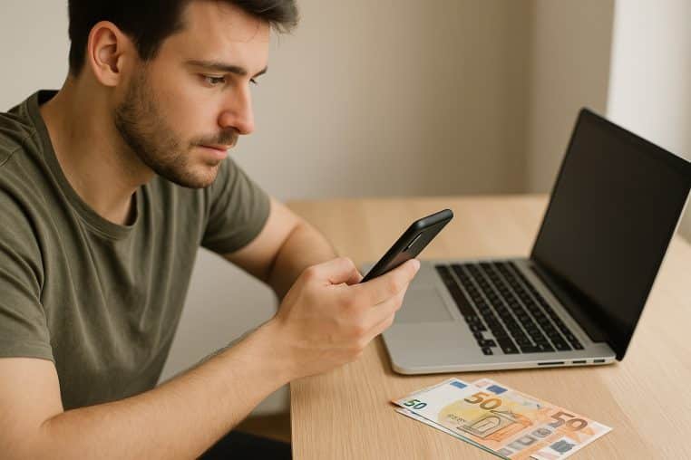 Jeune homme consultant le solde de son compte courant sur son smartphone, avec des billets d’euros posés près de son ordinateur portable.
