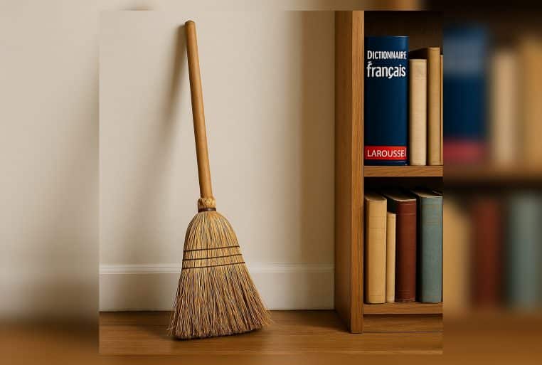 Balai en paille posé contre une bibliothèque de dictionnaires français, symbole des expressions idiomatiques.