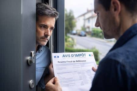 Un homme d’âge moyen ouvre à peine sa porte et regarde son voisin qui lui tend un avis d’imposition français bien lisible.
