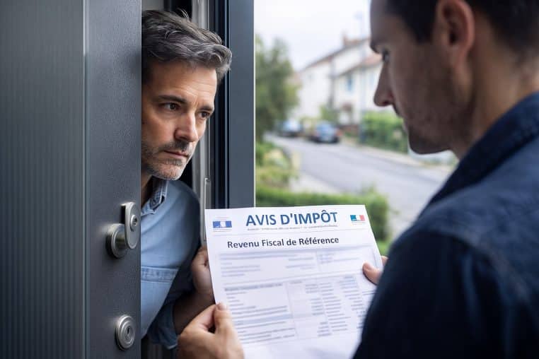 Un homme d’âge moyen ouvre à peine sa porte et regarde son voisin qui lui tend un avis d’imposition français bien lisible.
