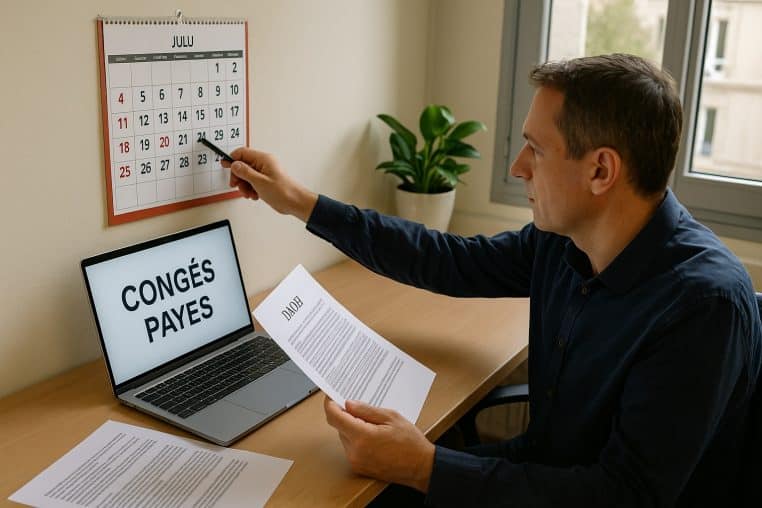 Homme salarié assis à son bureau, pointant une date sur un calendrier et consultant un ordinateur affichant « congés payés ».