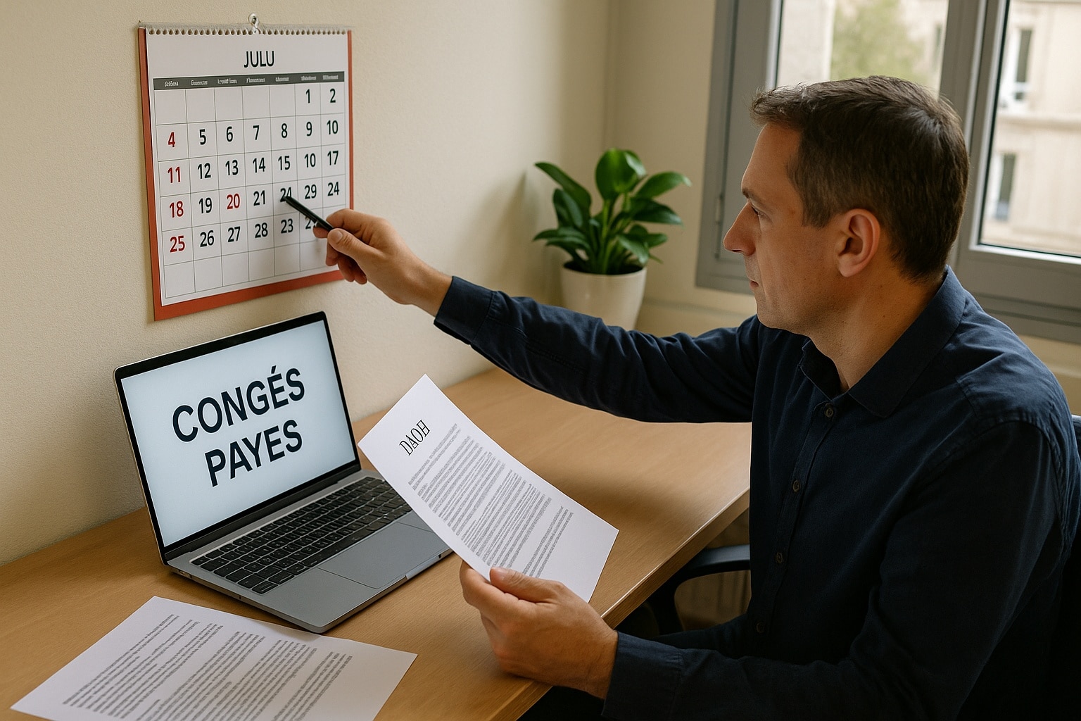 Homme salarié assis à son bureau, pointant une date sur un calendrier et consultant un ordinateur affichant « congés payés ».