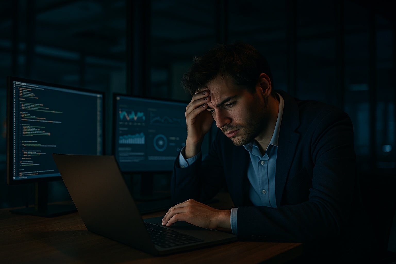 Jeune consultant épuisé travaillant tard dans un bureau moderne, penché sur son ordinateur entouré d’écrans remplis de données.