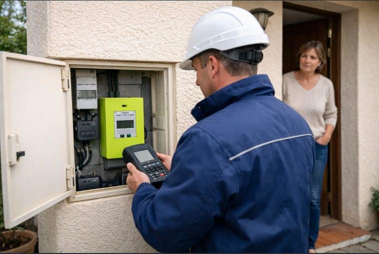 Technicien vérifiant un compteur Linky dans un coffret extérieur, avec une habitante inquiète en arrière-plan.