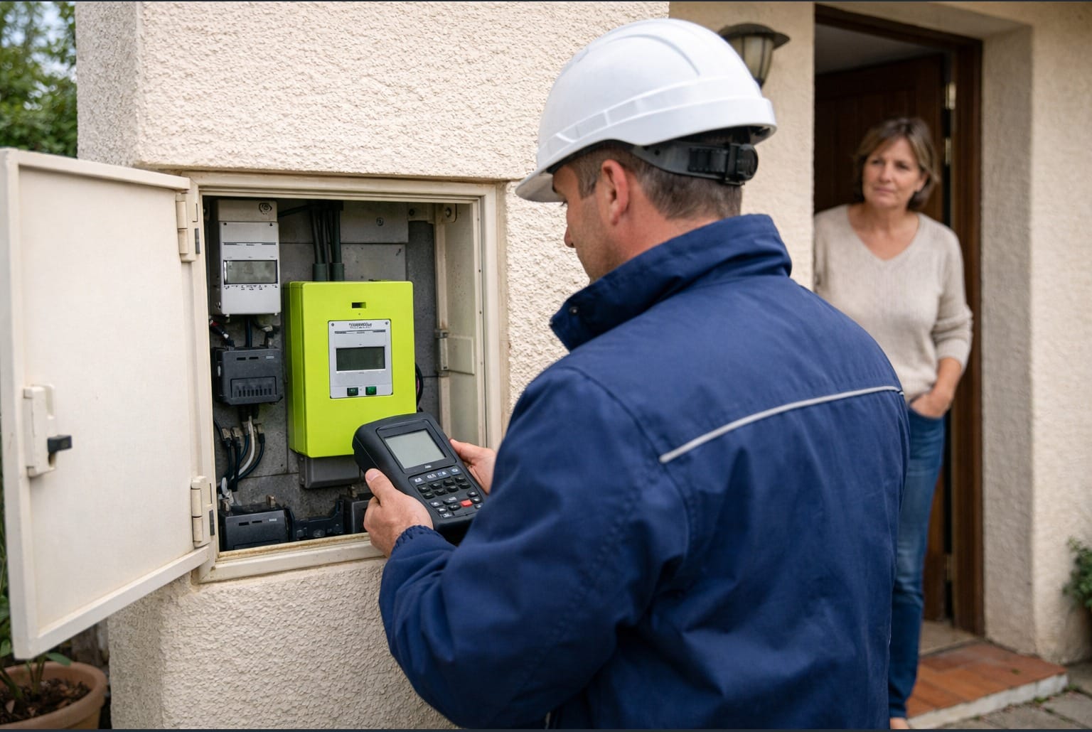 Technicien vérifiant un compteur Linky dans un coffret extérieur, avec une habitante inquiète en arrière-plan.