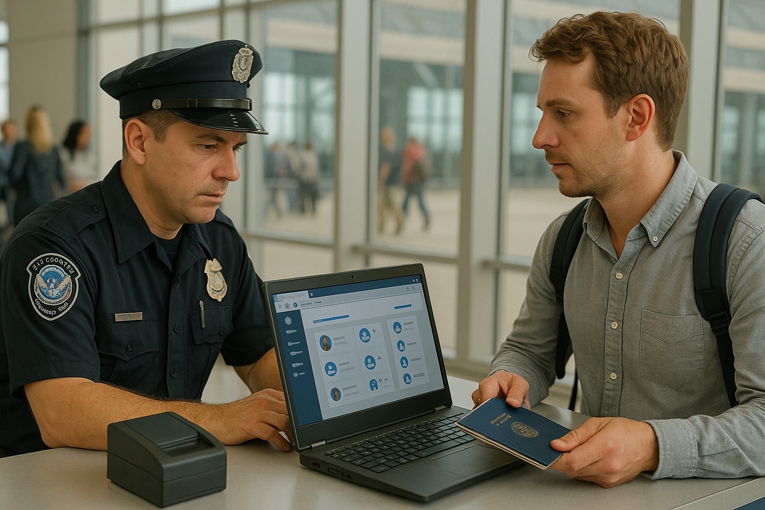 Agent des douanes américaines vérifiant sur ordinateur le profil d’un touriste tenant son passeport au poste de contrôle d’aéroport.