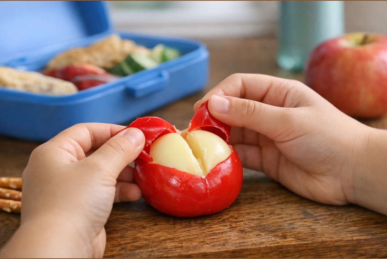 Mains d’enfant ouvrant un petit fromage en coque de cire rouge sur une table, avec goûter en arrière-plan