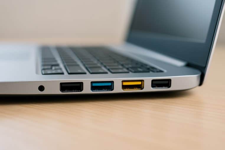 Gros plan sur la tranche d’un ordinateur portable montrant plusieurs ports USB dont un bleu et un jaune clairement visibles.