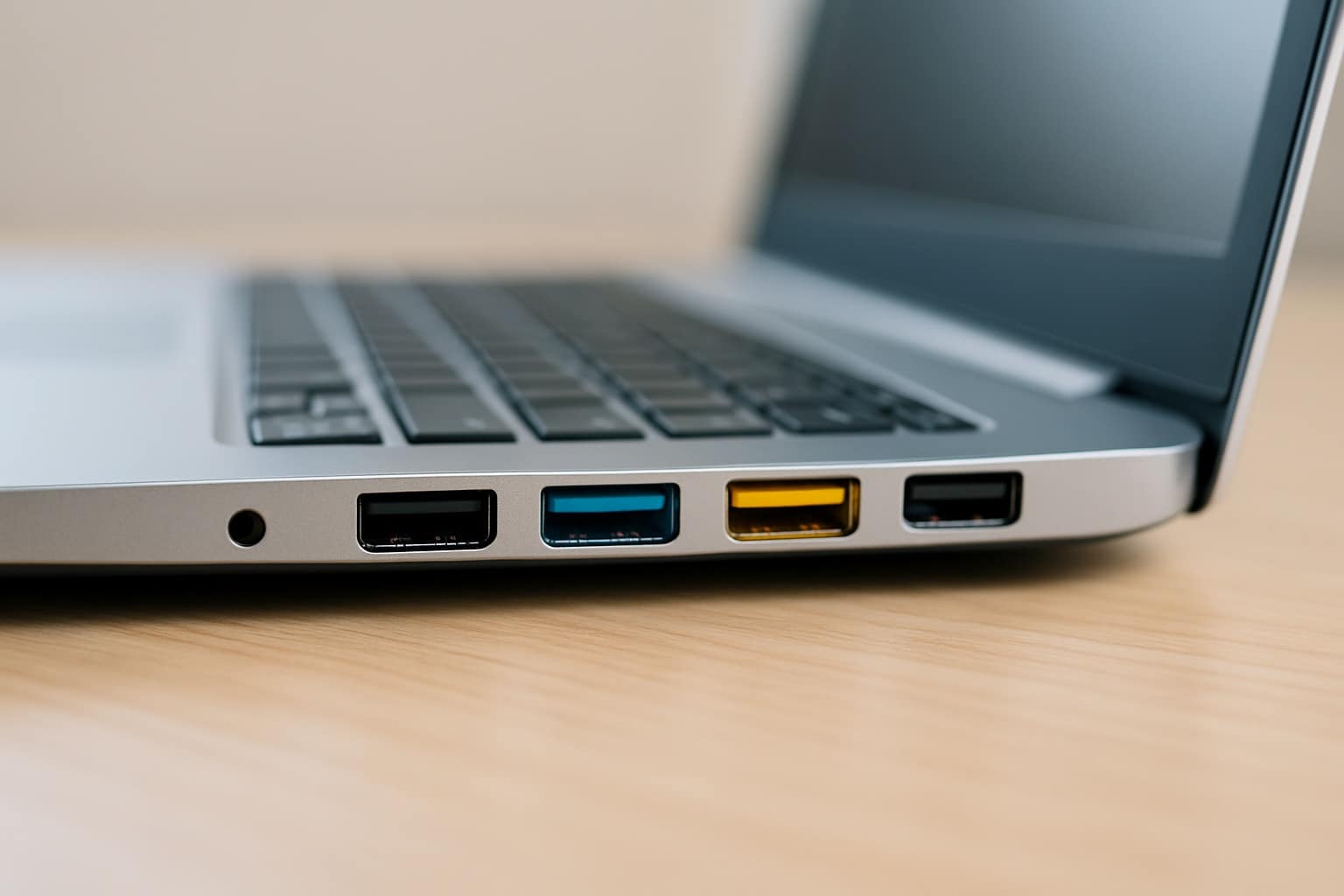 Gros plan sur la tranche d’un ordinateur portable montrant plusieurs ports USB dont un bleu et un jaune clairement visibles.
