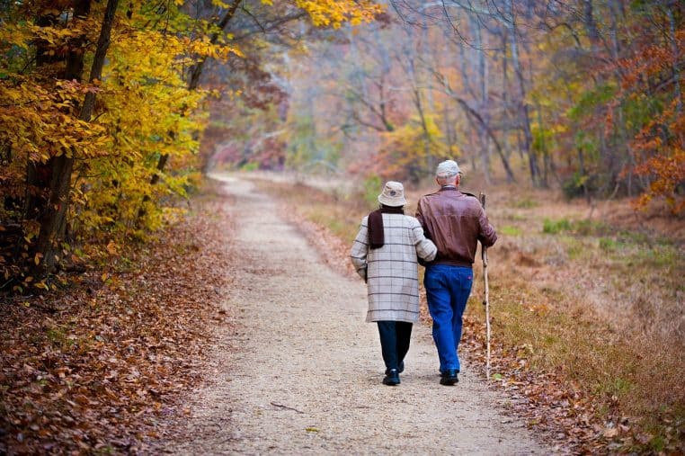 Deux personnes âgées avancent côte à côte sur un chemin forestier d’automne, symbole d’un vieillissement actif et complice en plein air.