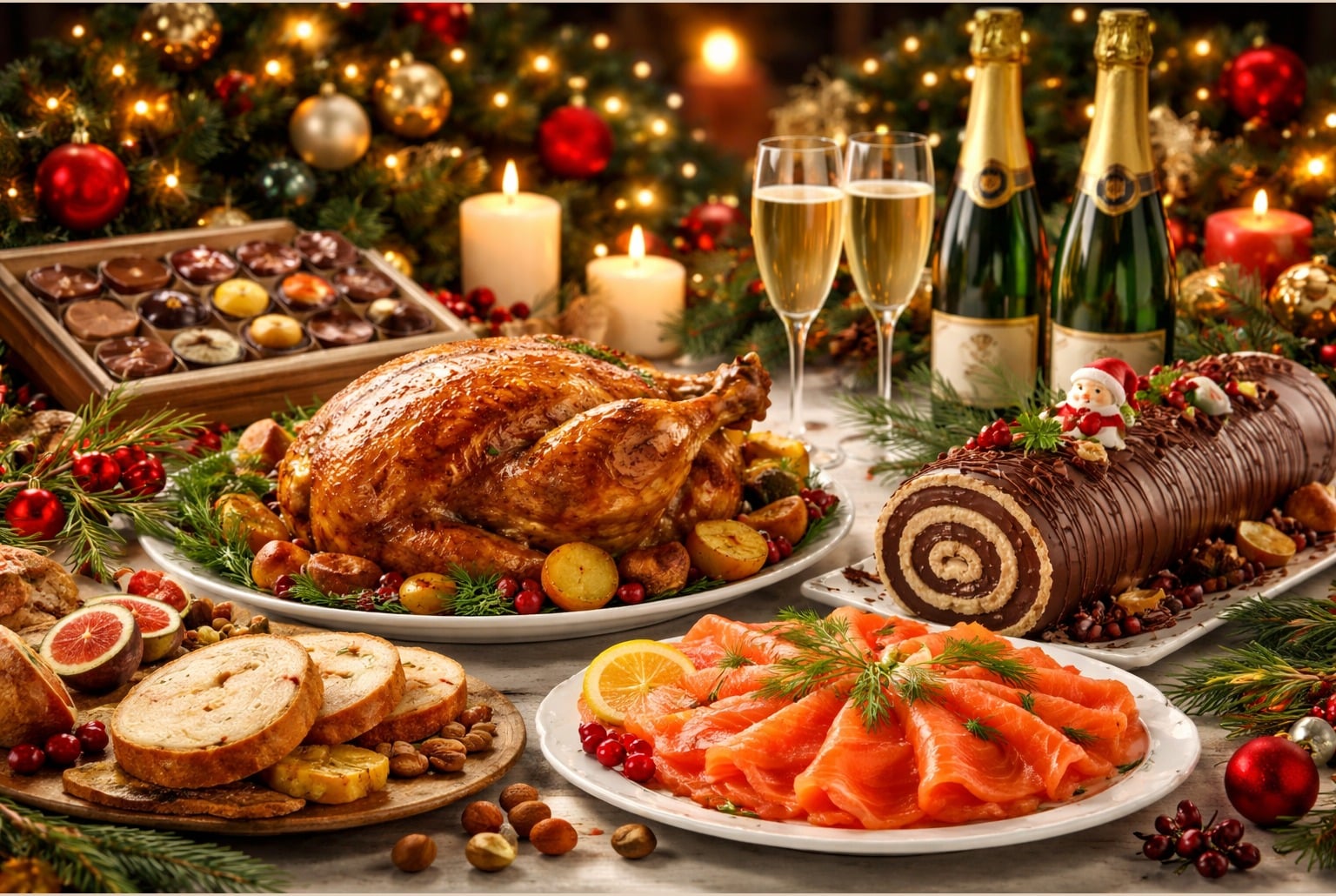 Table de Noël 2025 avec dinde rôtie, saumon fumé, bûche, chocolats et champagne, décor festif.