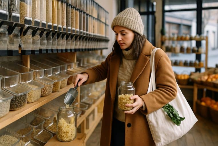 Femme en manteau camel remplissant un bocal de pâtes dans une épicerie vrac, sacs réutilisables au bras.