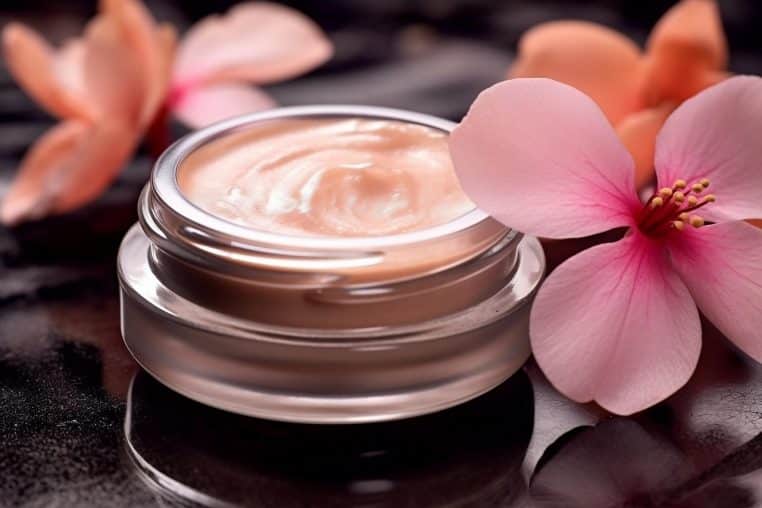 Collection de tubes, pots et flacons cosmétiques roses disposés à plat, représentant un coffret cadeau de produits de beauté pour le visage et le maquillage.