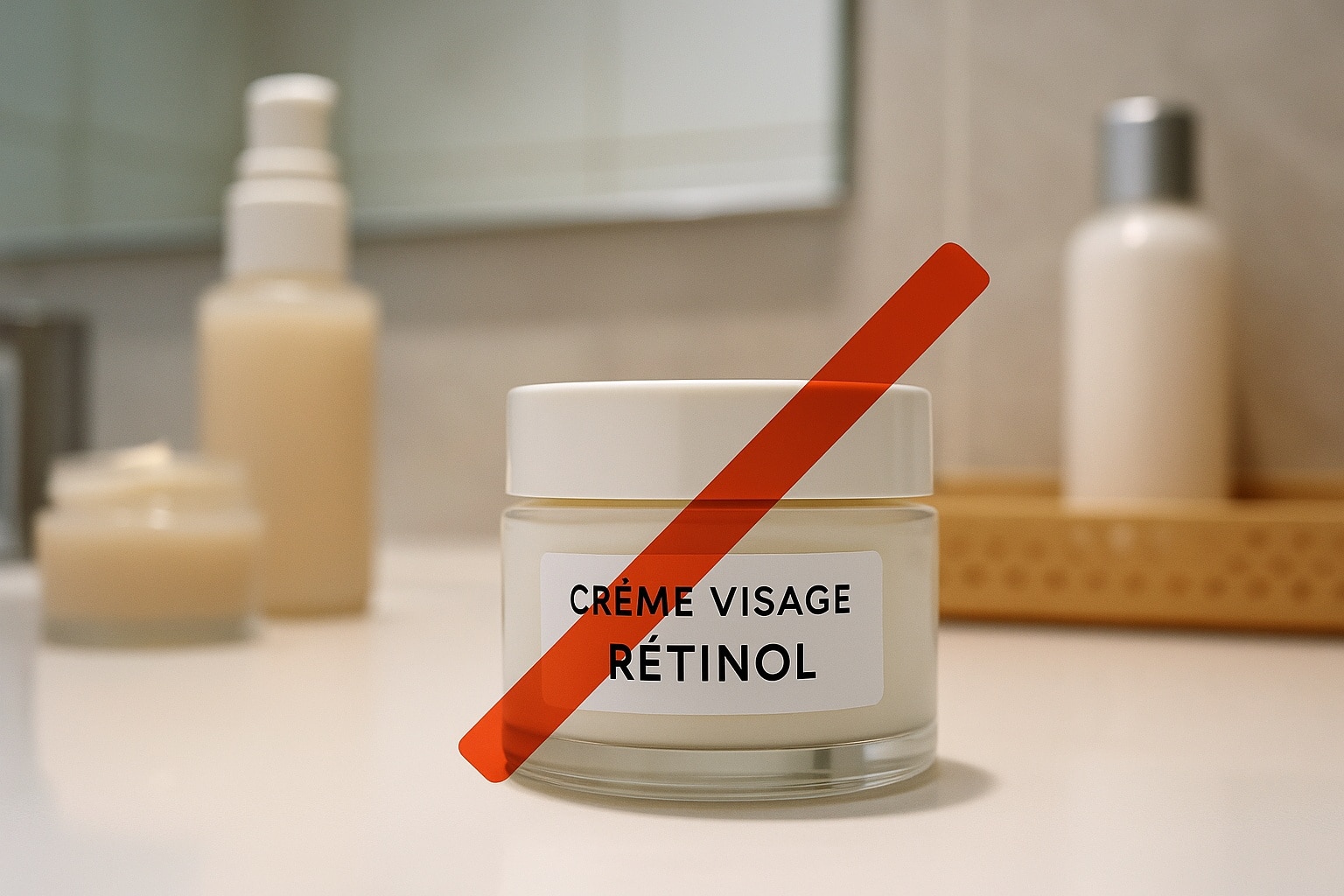 Pot de crème visage au rétinol barré d’un grand signe rouge d’interdiction, sur fond de salle de bain floue.