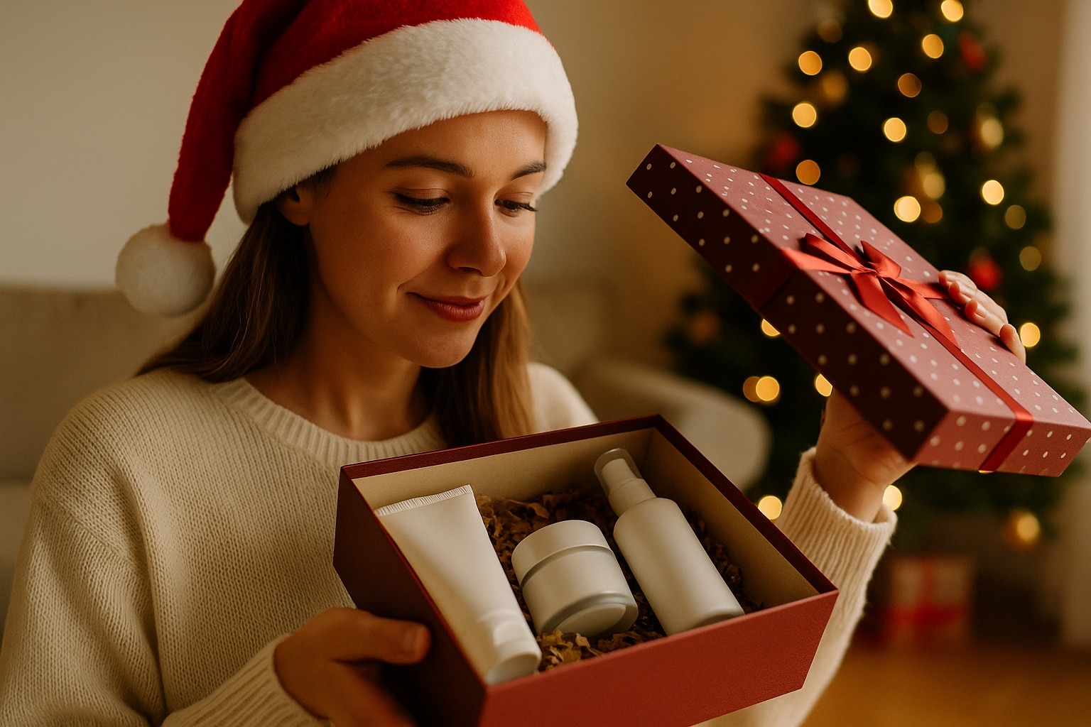 Femme en bonnet de Noël ouvrant un coffret cadeau rempli de soins visage, devant un sapin illuminé dans un salon chaleureux.