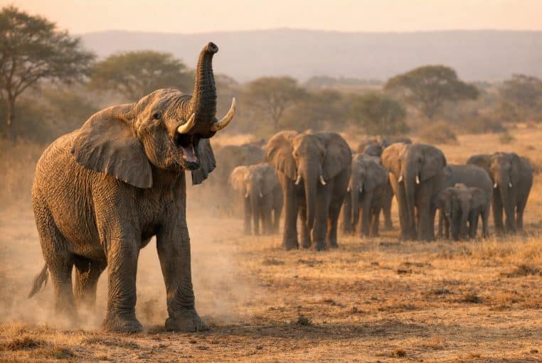 : Éléphant d’Afrique en savane, trompe levée, en train de barrir tandis que le troupeau observe au loin.