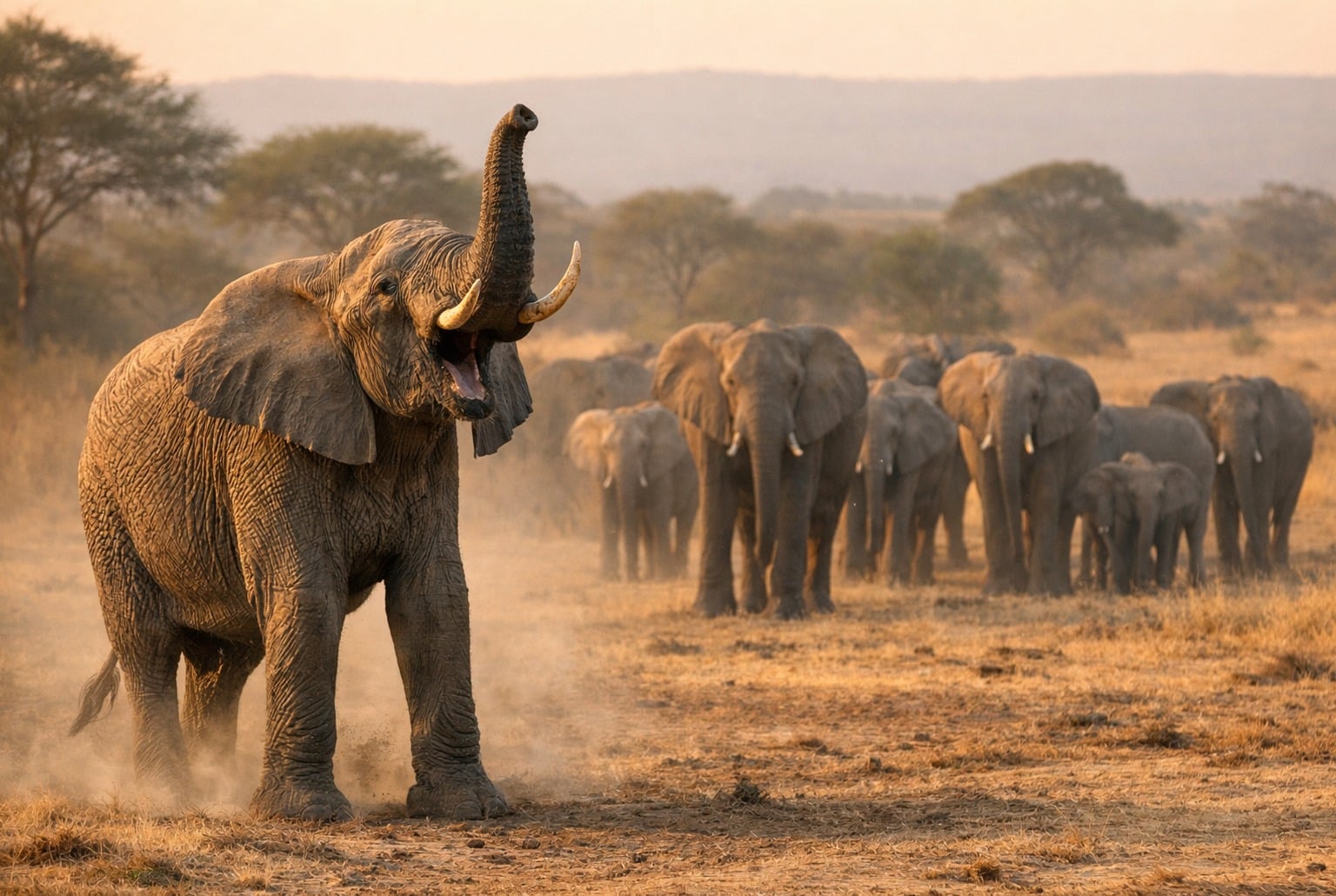 : Éléphant d’Afrique en savane, trompe levée, en train de barrir tandis que le troupeau observe au loin.