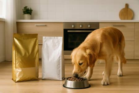 Golden retriever mangeant des croquettes dans une gamelle en inox, devant deux sacs de croquettes dans une cuisine claire.