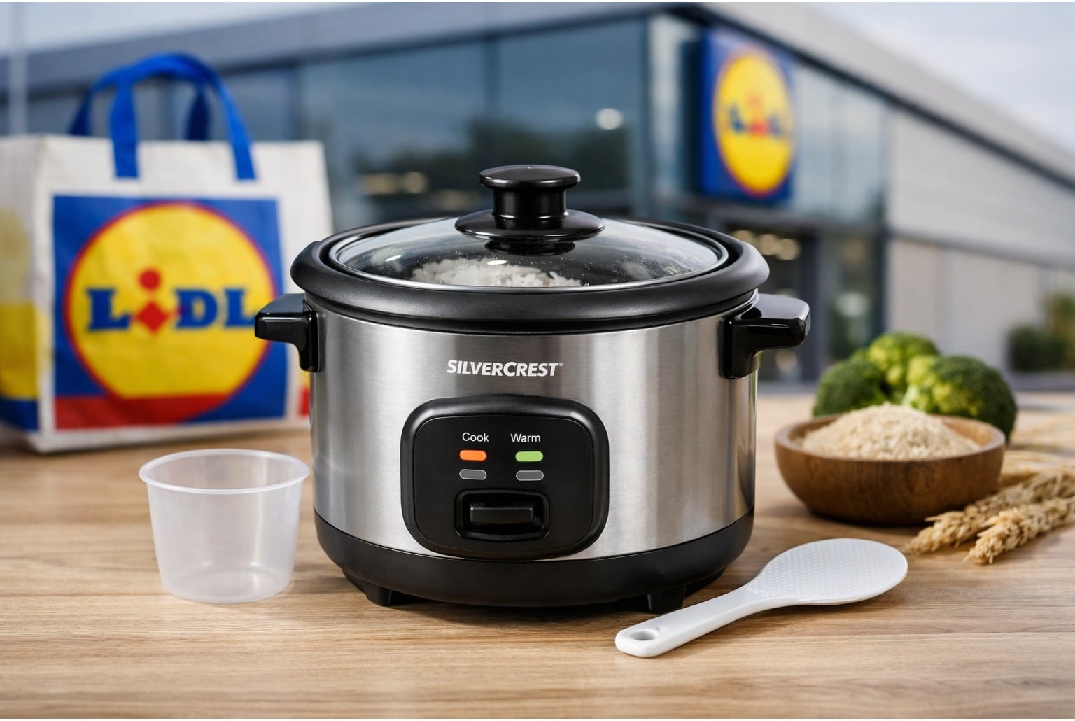 Cuiseur à riz Silvercrest mis en avant devant un Lidl, avec verre doseur et cuillère, en plan rapproché.
