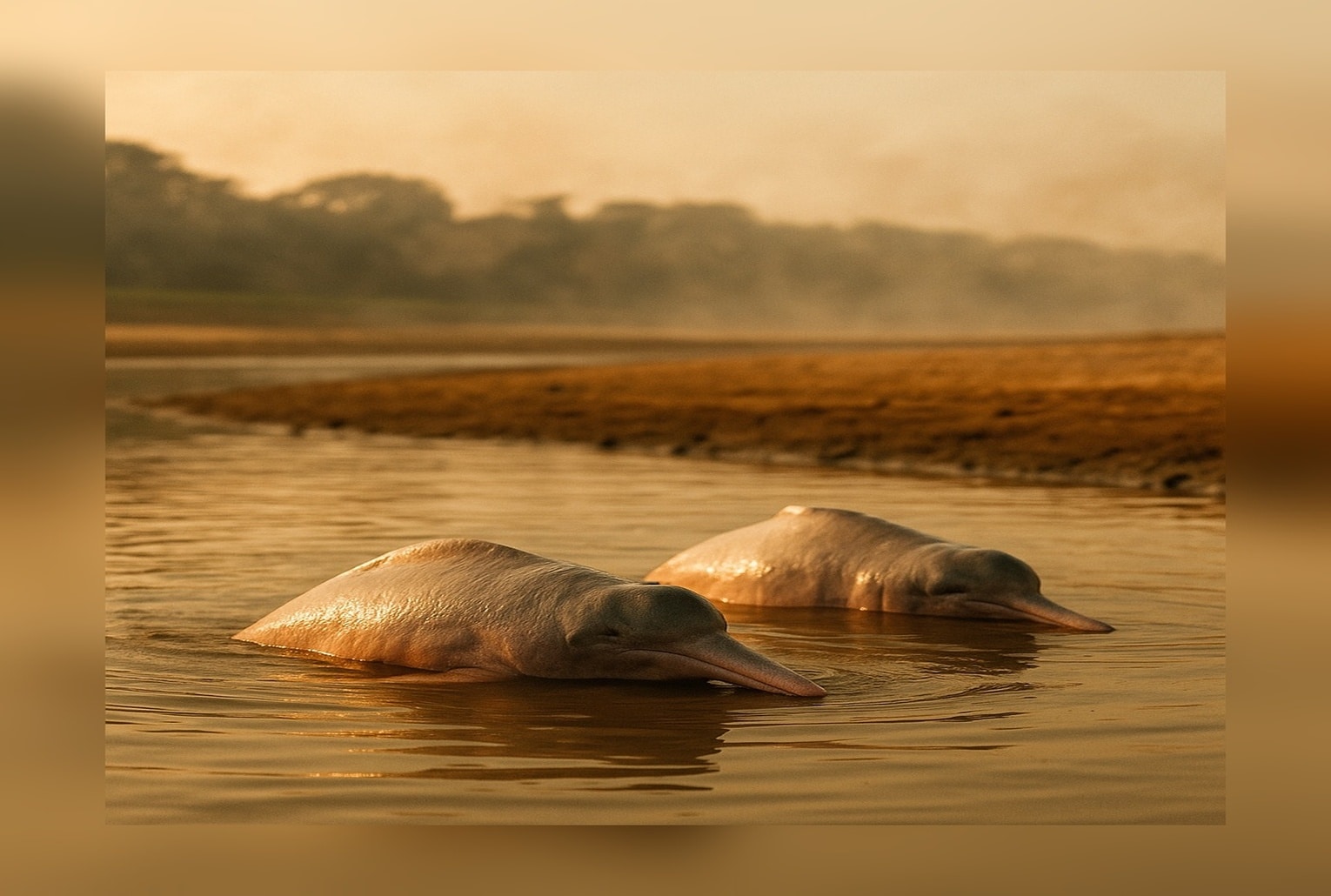 Deux dauphins roses d’Amazonie émergent dans un lac peu profond surchauffé, près d’une berge asséchée au soleil couchant.