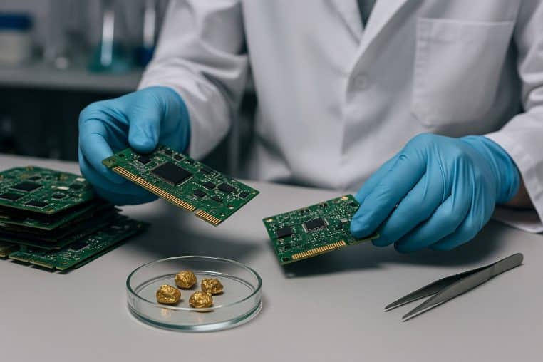 Technicien en blouse blanche manipulant des cartes mères au-dessus d’une coupelle remplie de pépites dorées dans un laboratoire de recyclage.