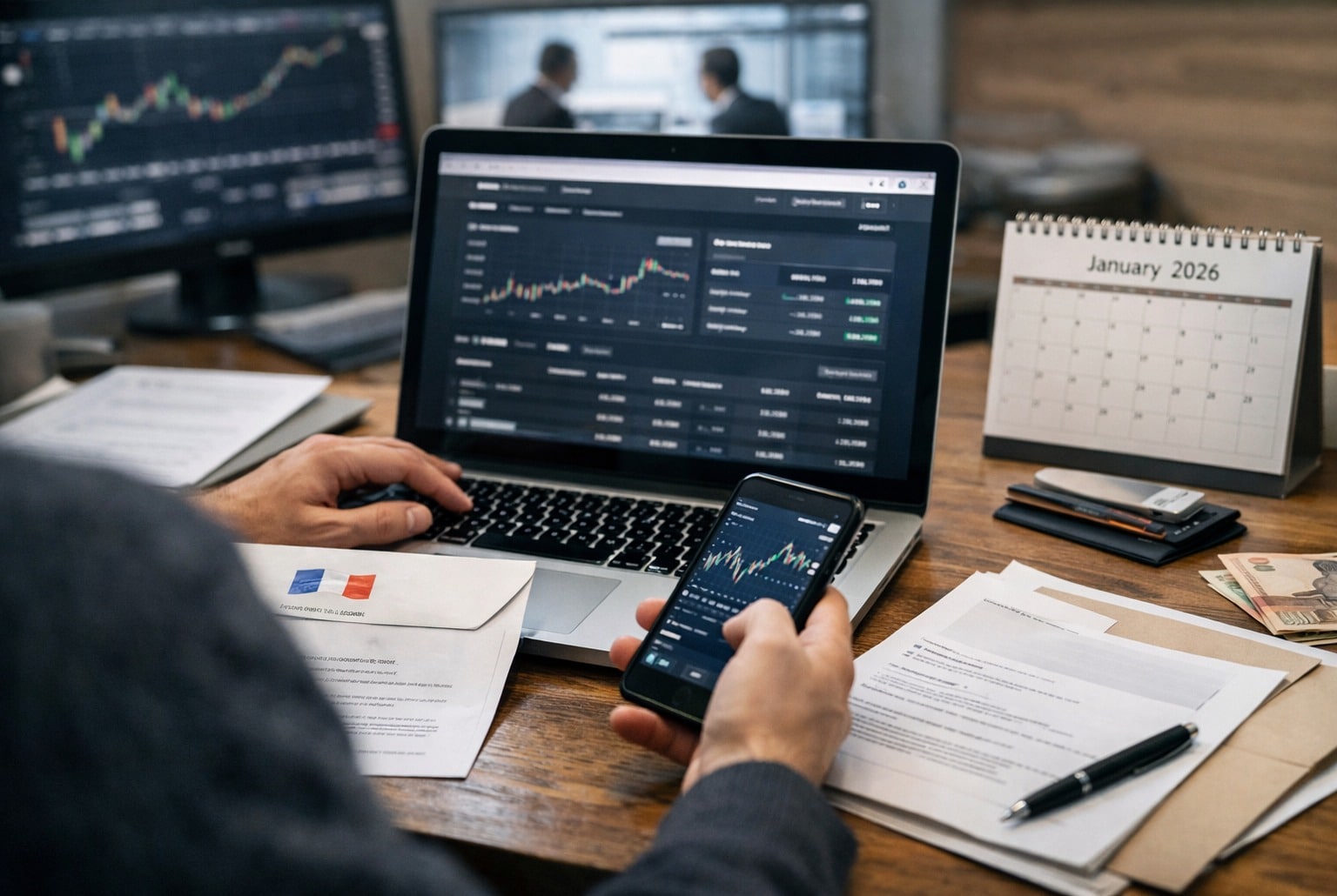 Personne devant un ordinateur et un smartphone consulte un compte crypto, avec courrier fiscal, janvier 2026.