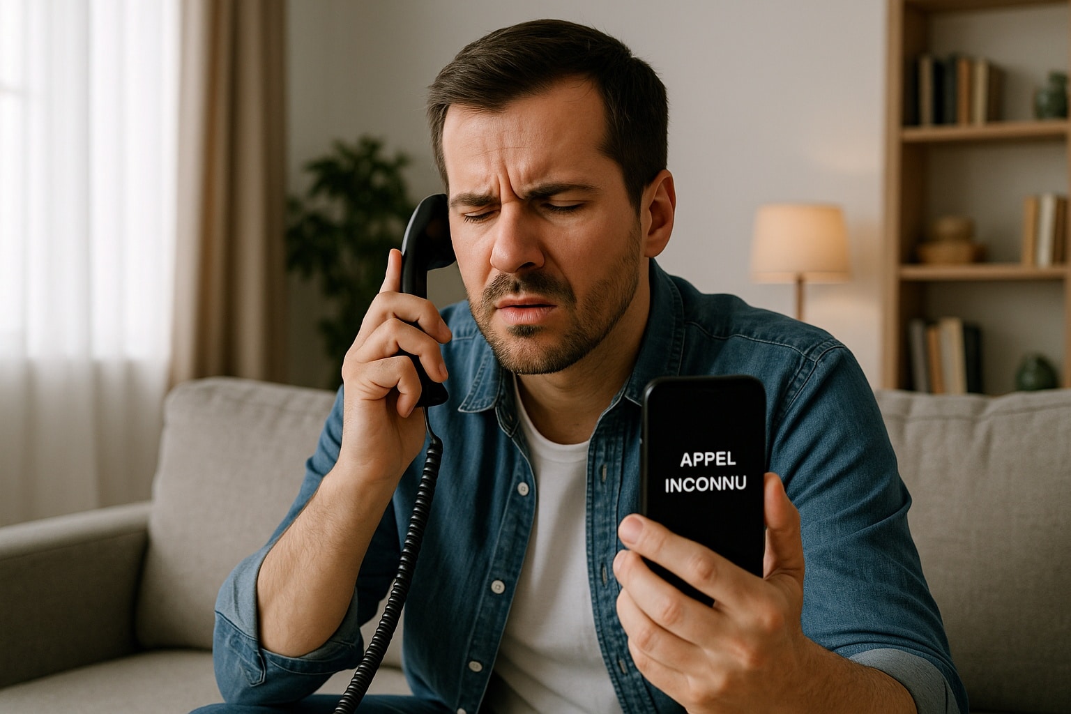 Homme assis dans son salon, l’air agacé, tenant un smartphone affichant un appel inconnu, illustrant le démarchage téléphonique.