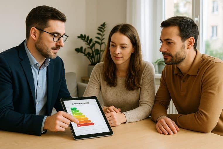 Diagnostiqueur immobilier présentant sur une tablette le diagnostic de performance énergétique à un couple de propriétaires