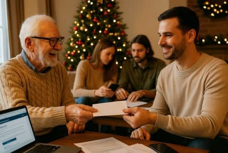 Grand-père donnant une enveloppe à son petit-fils devant le sapin de Noël, scène de don manuel familial.