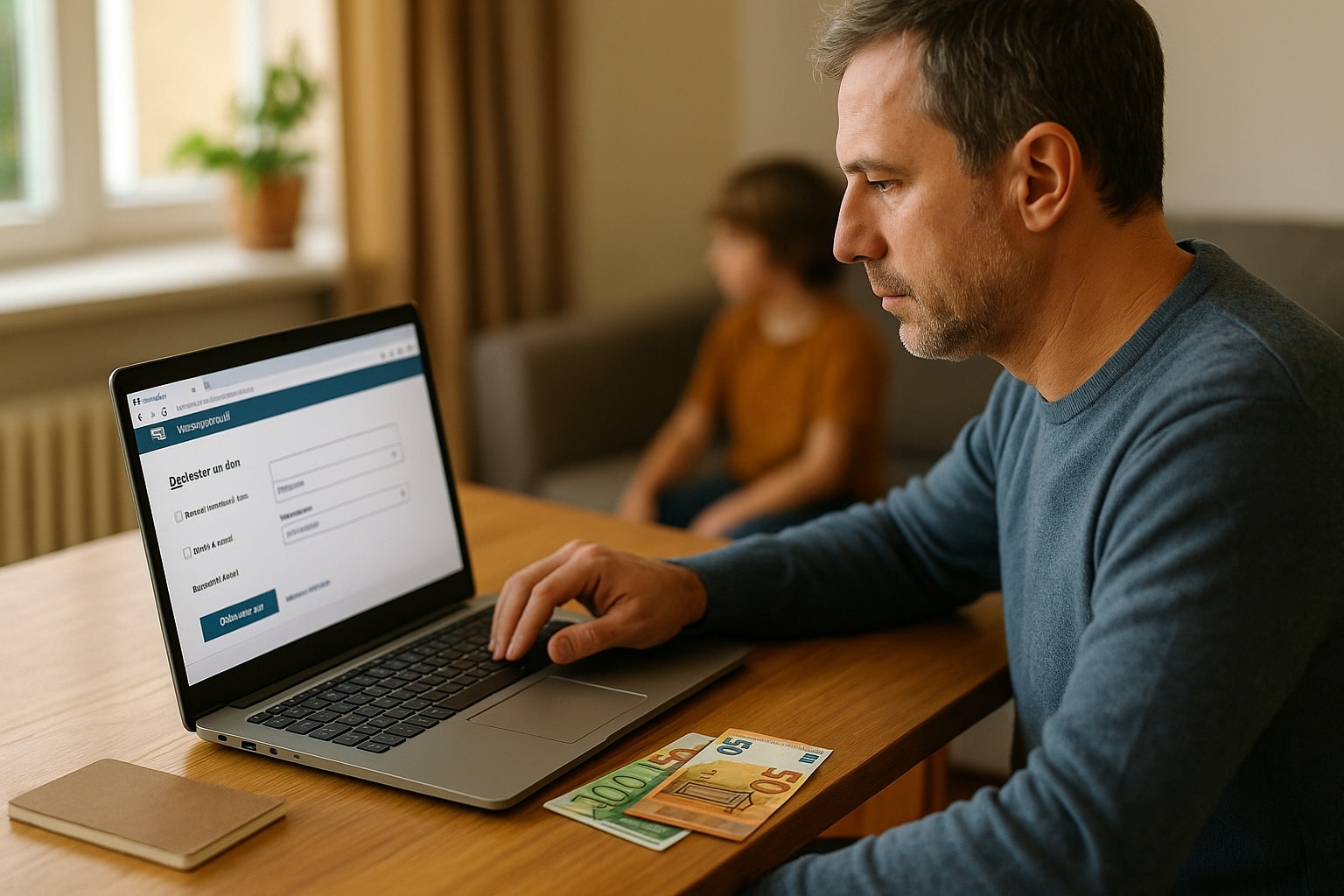 Homme d’âge moyen déclarant en ligne un don manuel sur ordinateur portable, des billets en euros sur la table devant lui.