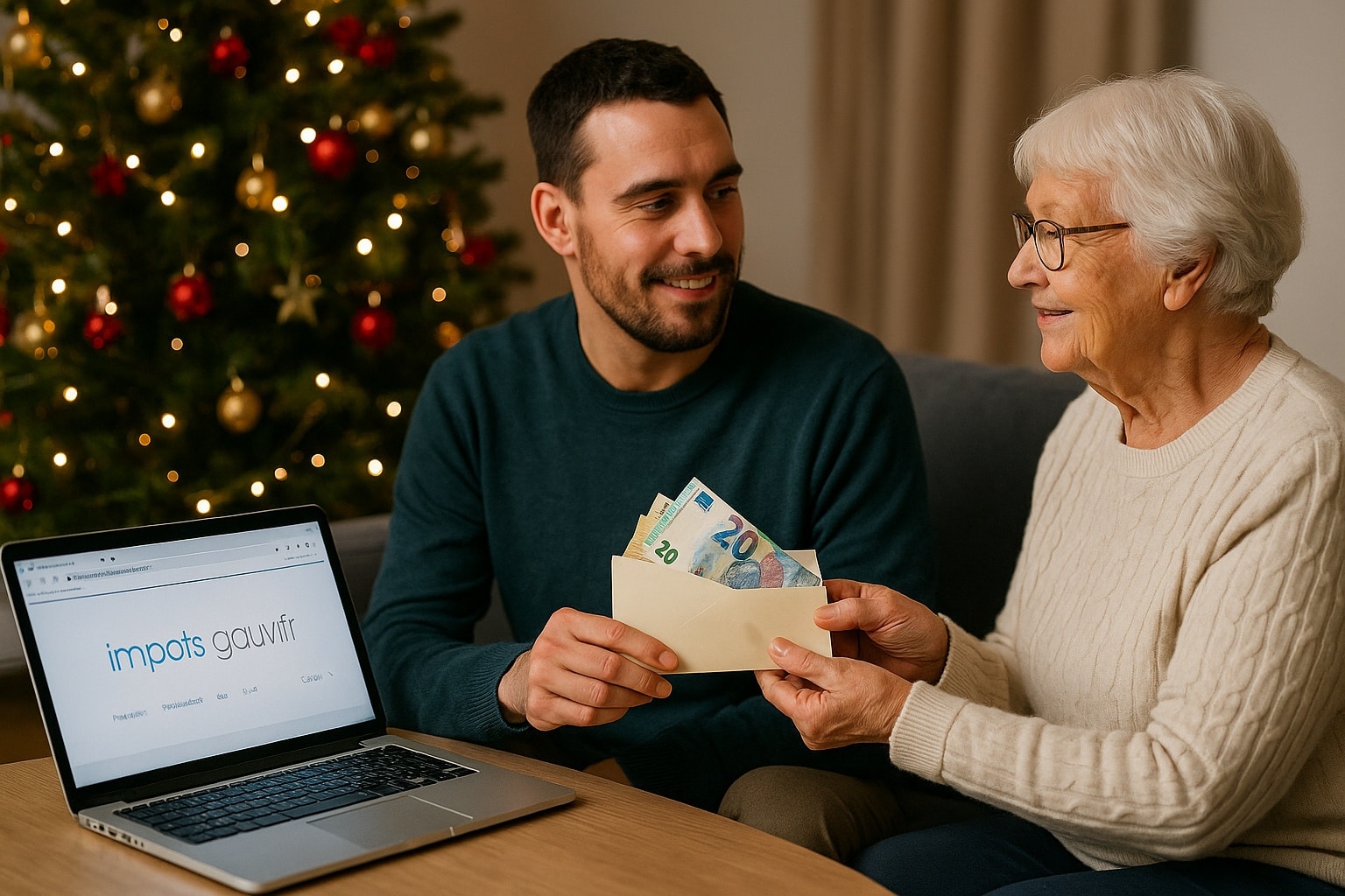 Une grand-mère tend une enveloppe de billets à son petit-fils près d’un sapin de Noël, un ordinateur ouvert devant eux.