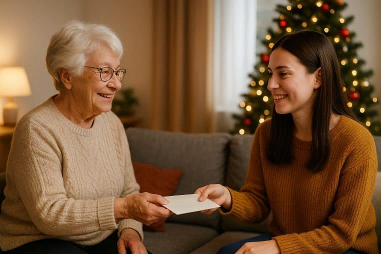 Une grand-mère souriante tend une enveloppe à sa petite-fille assise sur un canapé, devant un sapin de Noël illuminé.