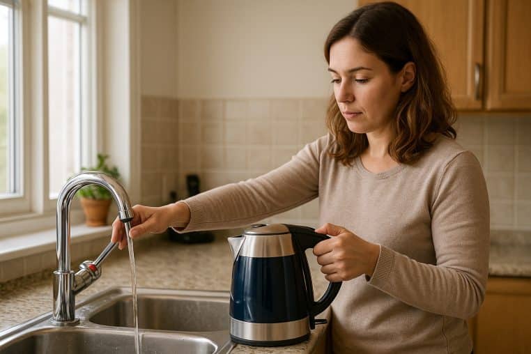 Femme remplissant une bouilloire avec l’eau d’un robinet de cuisine, illustrant l’importance de choisir uniquement l’eau froide pour la consommation.