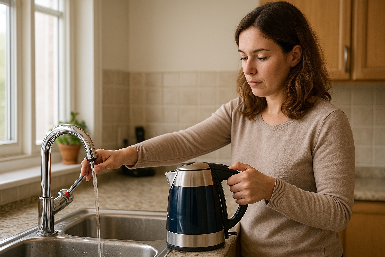 Femme remplissant une bouilloire avec l’eau d’un robinet de cuisine, illustrant l’importance de choisir uniquement l’eau froide pour la consommation.