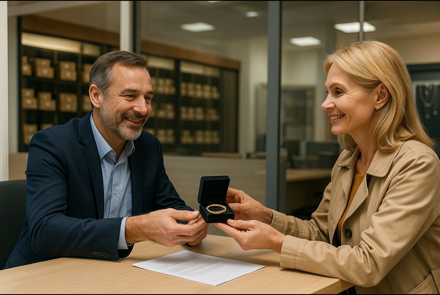 Un conseiller d’un établissement de crédit remet un écrin de bijoux à une cliente souriante, symbolisant la restitution d’un prêt sur gage annulé.