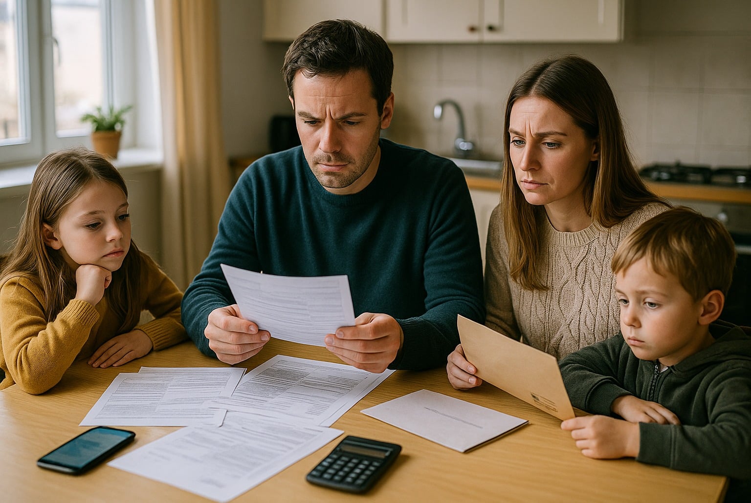 Famille française autour d’une table, factures et documents budgétaires, inquiète face à une hausse d’impôts.