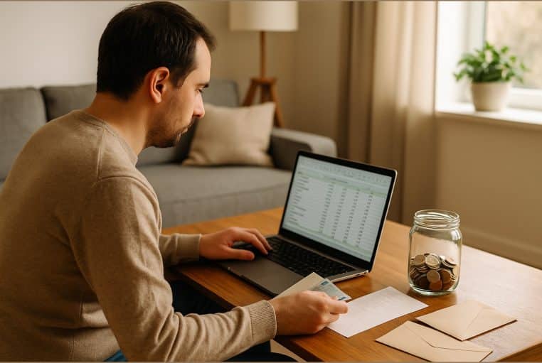 Dans un salon, une personne ajuste son budget sur ordinateur, avec un bocal de pièces posé à côté.