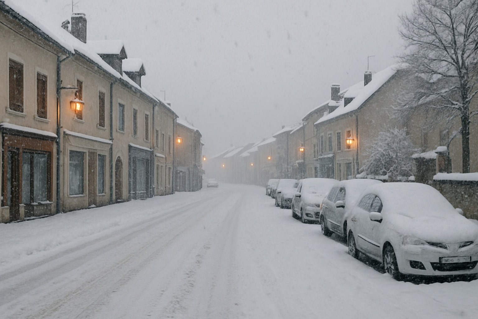 Rue d’une petite ville européenne entièrement recouverte de neige, voitures et façades alignées sous une chute de flocons