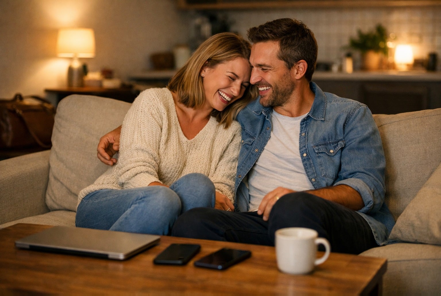Un couple sourit sur un canapé, téléphones posés, ordinateur fermé, ambiance de soirée déconnectée.