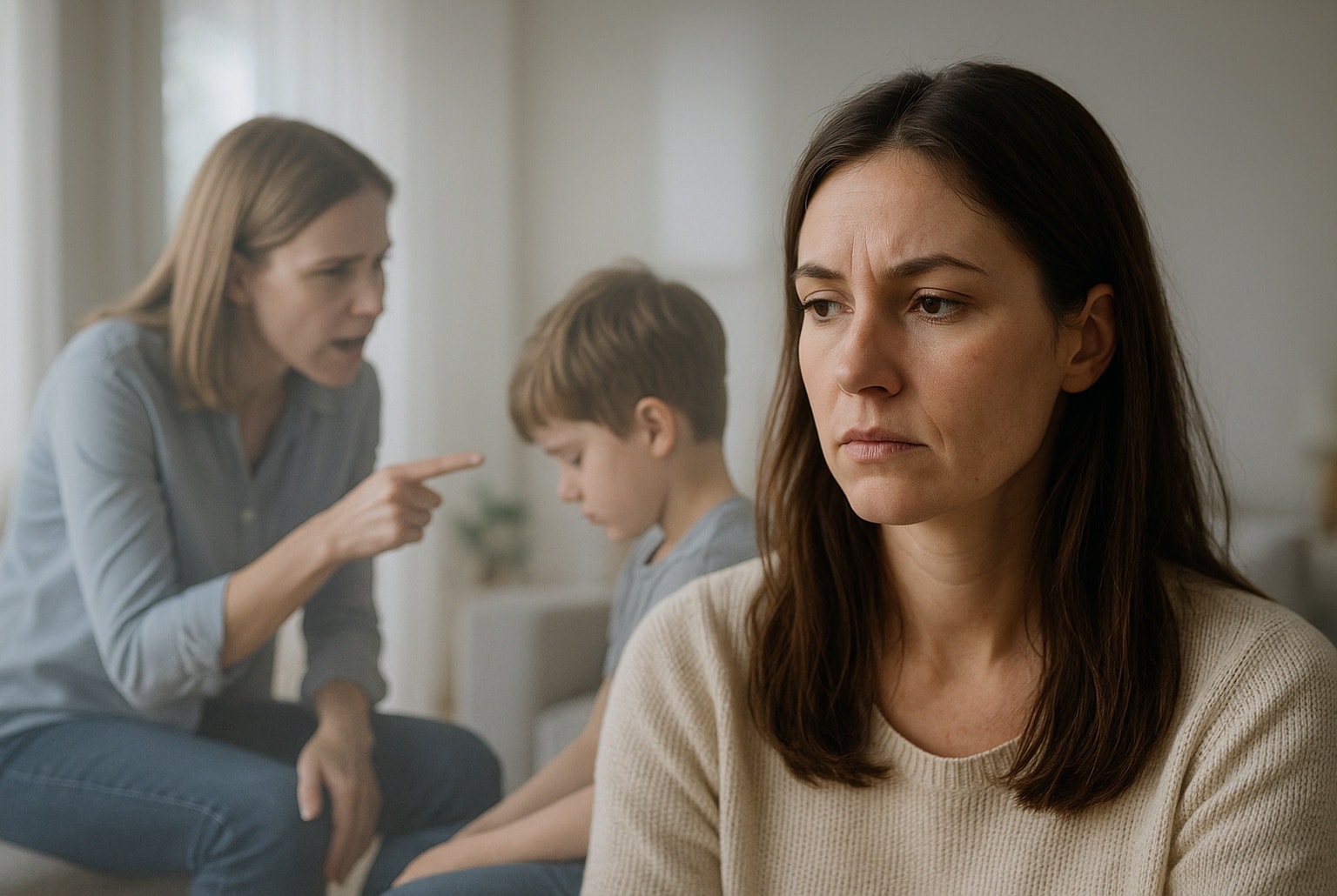 Jeune femme adulte pensive au premier plan, tandis qu’en arrière-plan une mère gronde son enfant dans un salon lumineux, symbole du poids des mots.