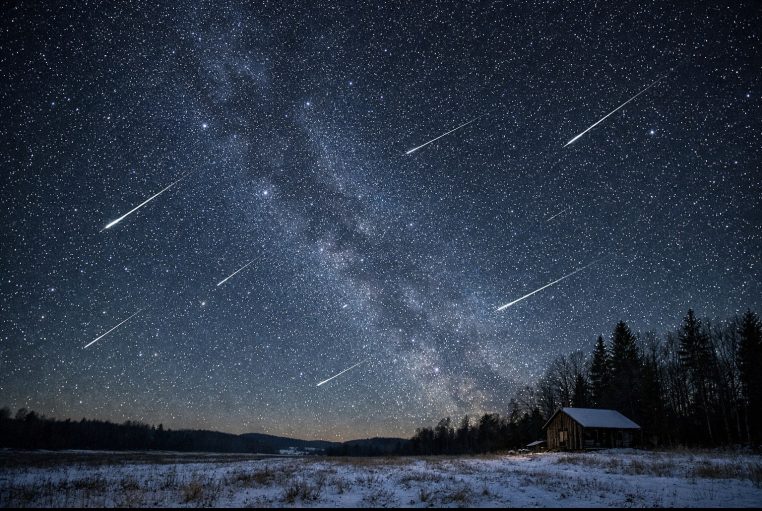 Pluie d’étoiles filantes dans un ciel d’hiver limpide au-dessus d’un champ enneigé, sans Lune.
