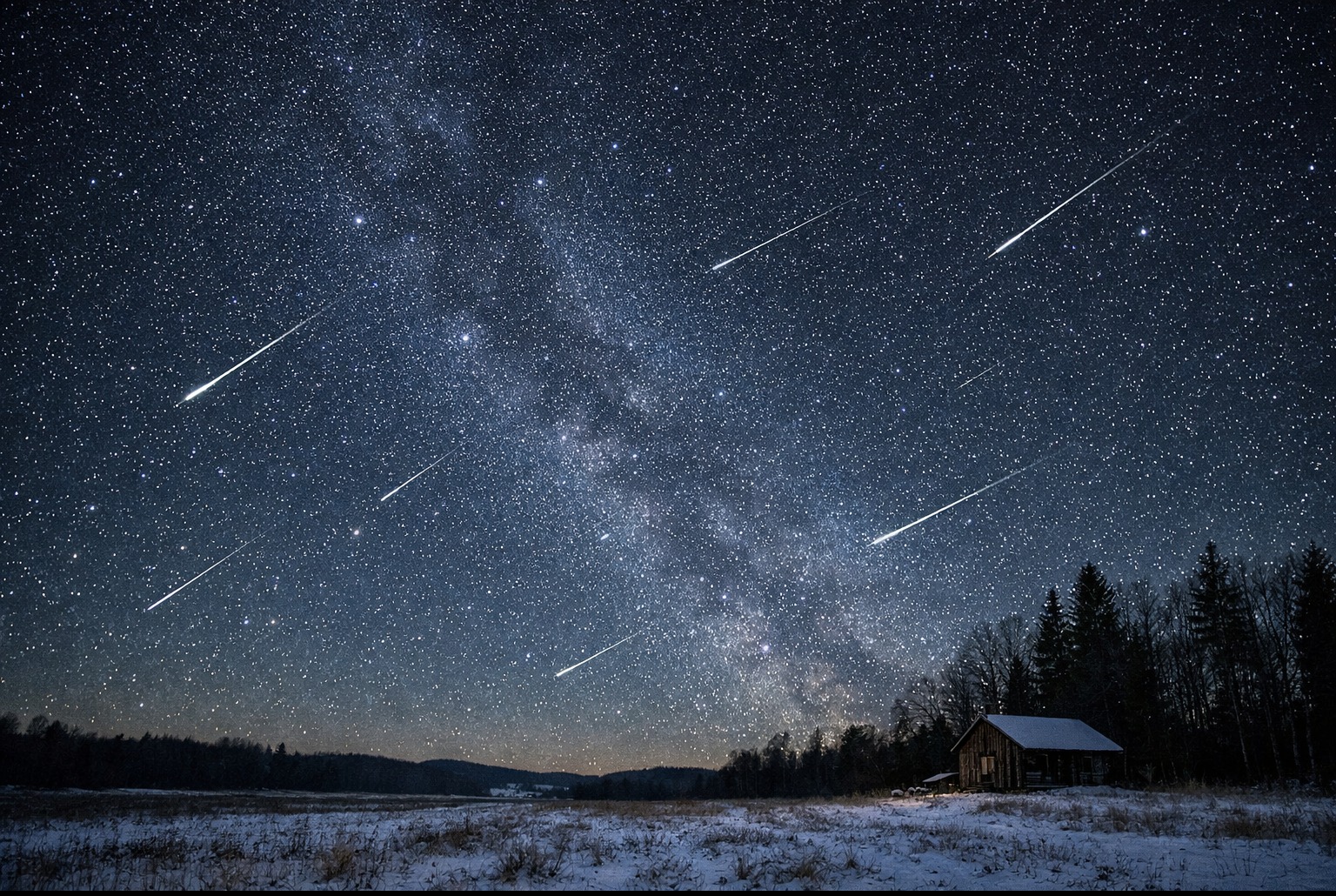 Pluie d’étoiles filantes dans un ciel d’hiver limpide au-dessus d’un champ enneigé, sans Lune.
