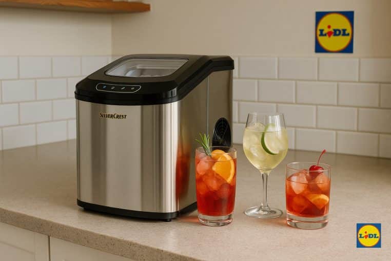Machine à glaçons Silvercrest sur un plan de travail avec trois cocktails colorés, dans une cuisine avec logo Lidl discret