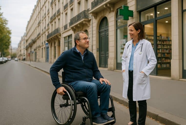 Un homme en fauteuil roulant parle avec une médecin en blouse blanche devant une pharmacie, symbole du nouveau remboursement.