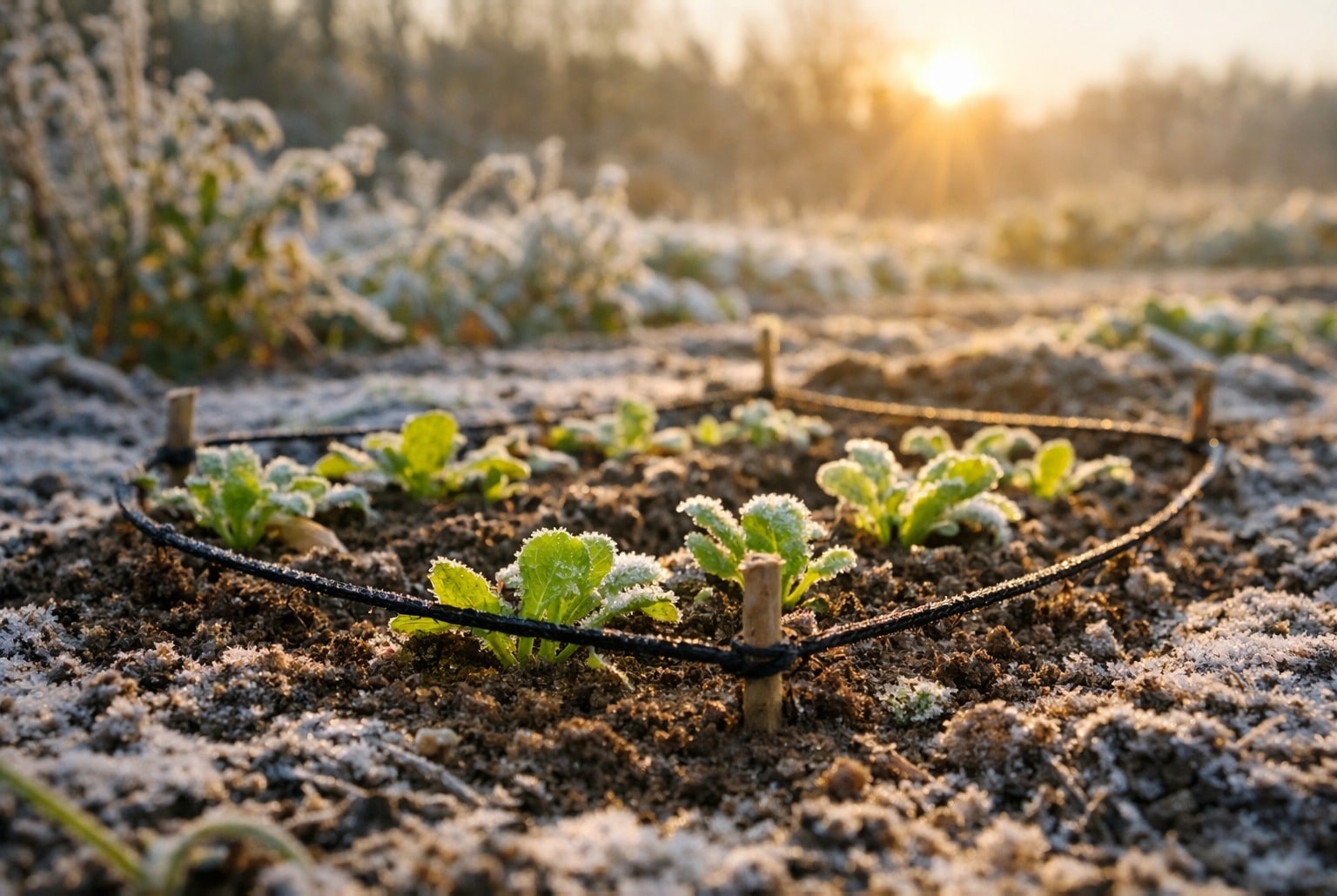 Jeunes semis entourés d’une ficelle noire au potager, givre du matin et soleil d’hiver en arrière-plan