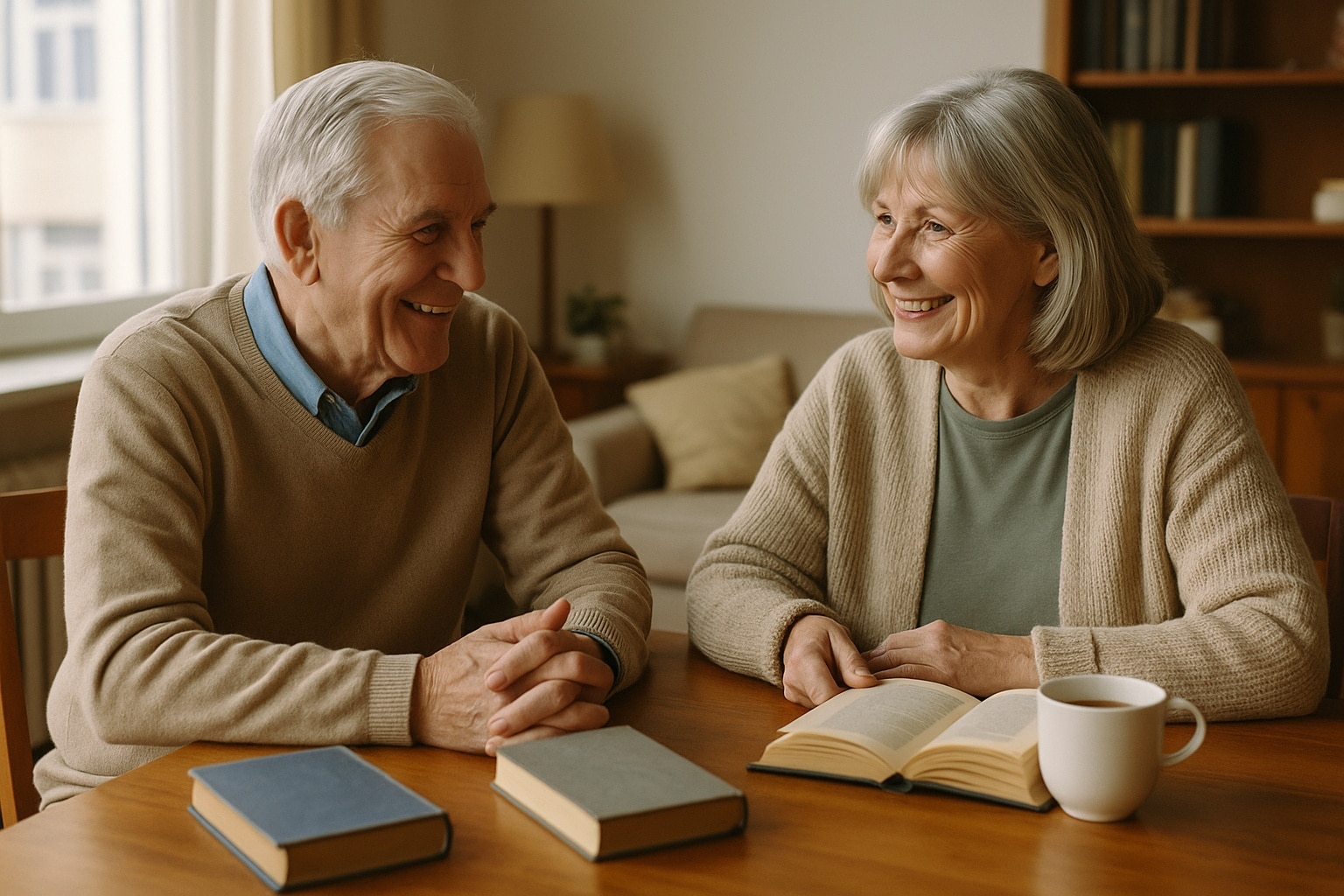 Couple de seniors assis à une table en bois, discutant calmement avec des livres et une tasse de thé dans un salon lumineux