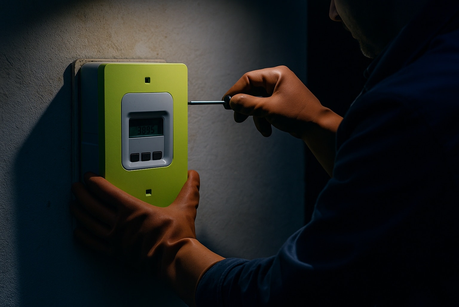 Un homme ganté manipule discrètement un compteur électrique vert fixé sur un mur, à la lumière tamisée, avec un tournevis.