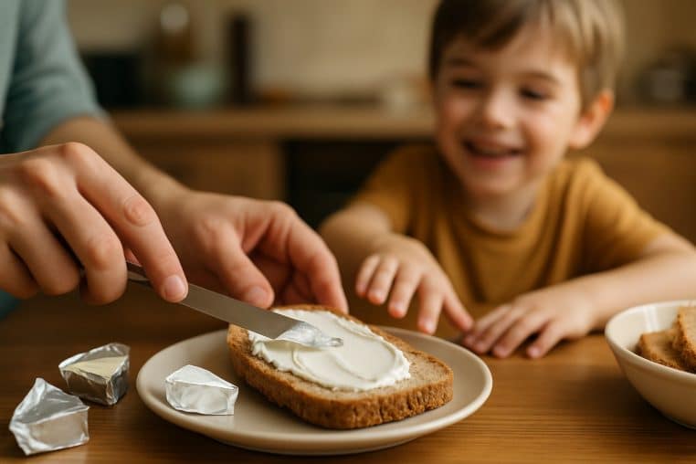 Parent étalant du fromage à tartiner sur une tranche de pain complet sous le regard joyeux d’un enfant dans une cuisine.